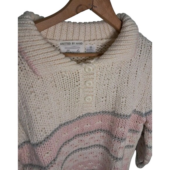 Vintage Margules Hand Knit Sweater Women's Medium Cream Pink Grannycore‎ Grandma - Picture 5 of 12